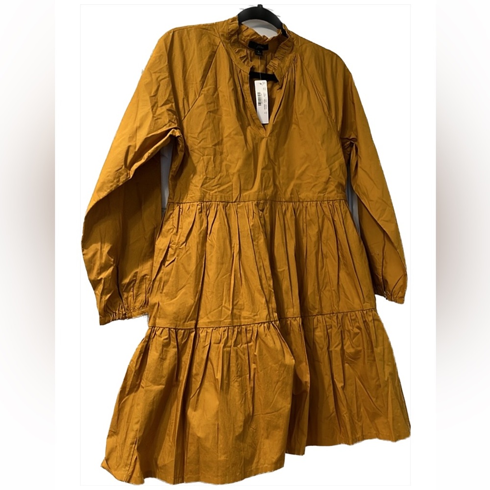 J Crew Gold Ruffle V Neck Tiered Cotton Lined Mini Dress NWT Size small
